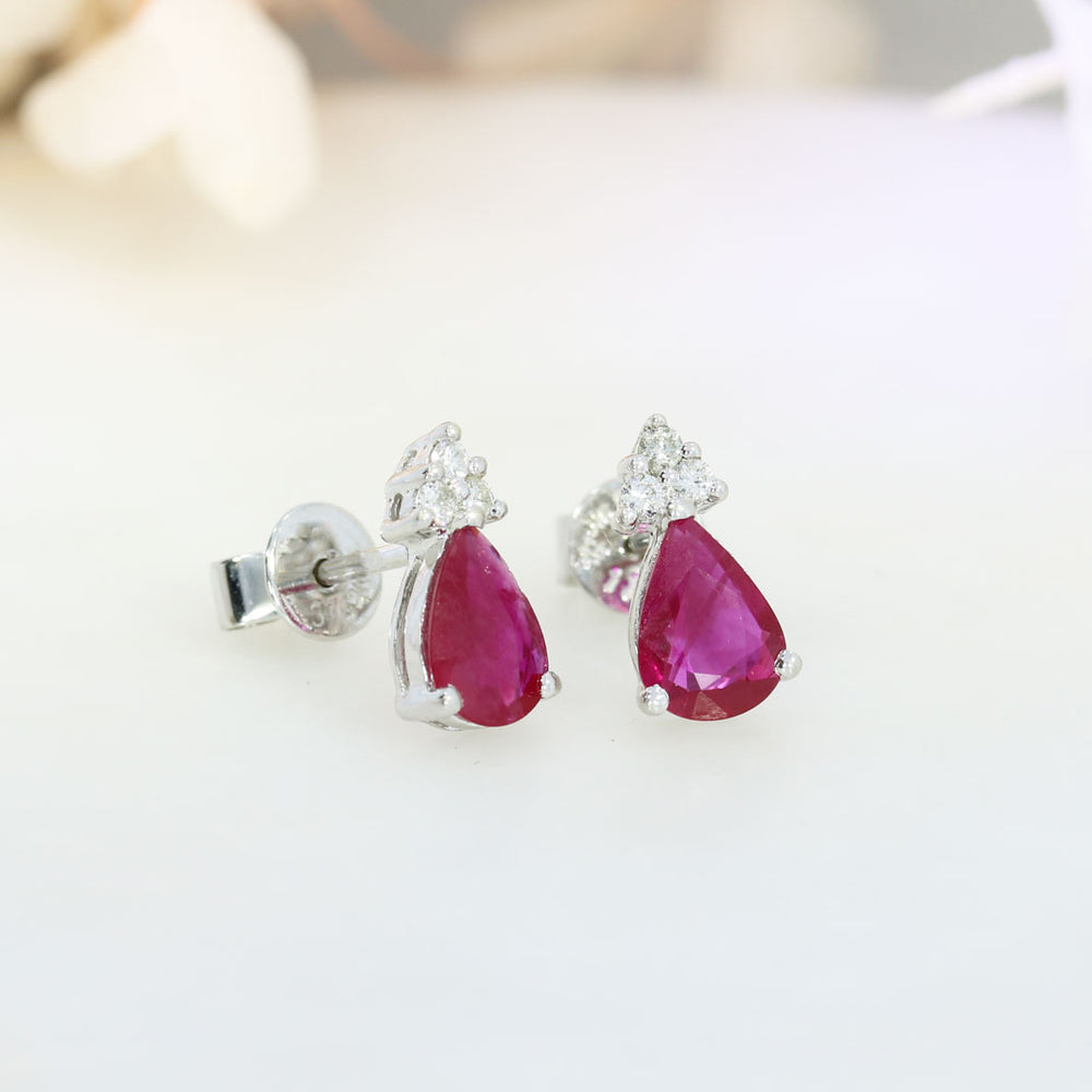9ct White Gold Pear Shape Ruby & Diamond Stud Earrings