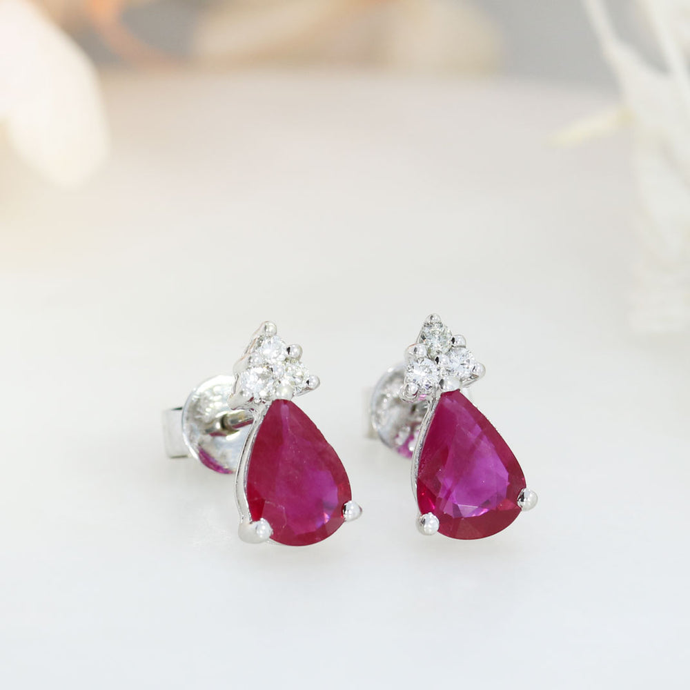 9ct White Gold Pear Shape Ruby & Diamond Stud Earrings