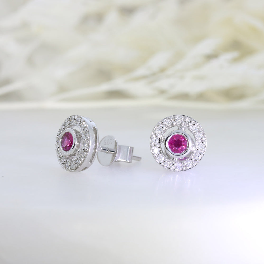 9ct White gold Ruby Stud Earrings with Diamond Halo Surround
