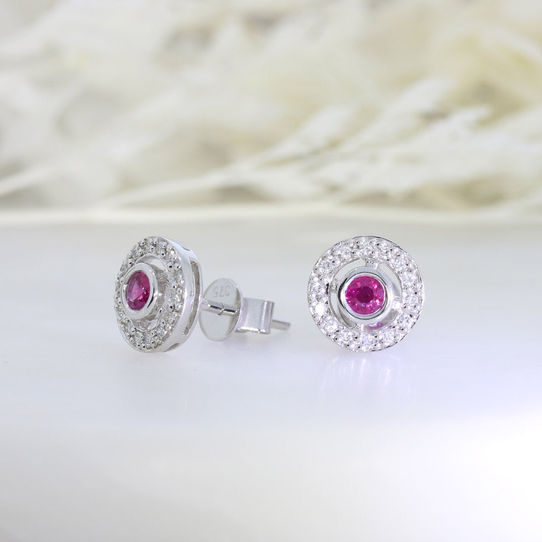 9ct White gold Ruby Stud Earrings with Diamond Halo Surround