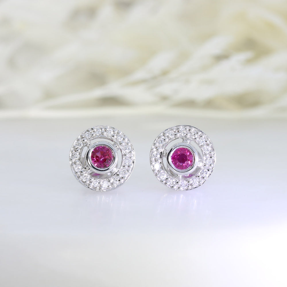9ct White gold Ruby Stud Earrings with Diamond Halo Surround
