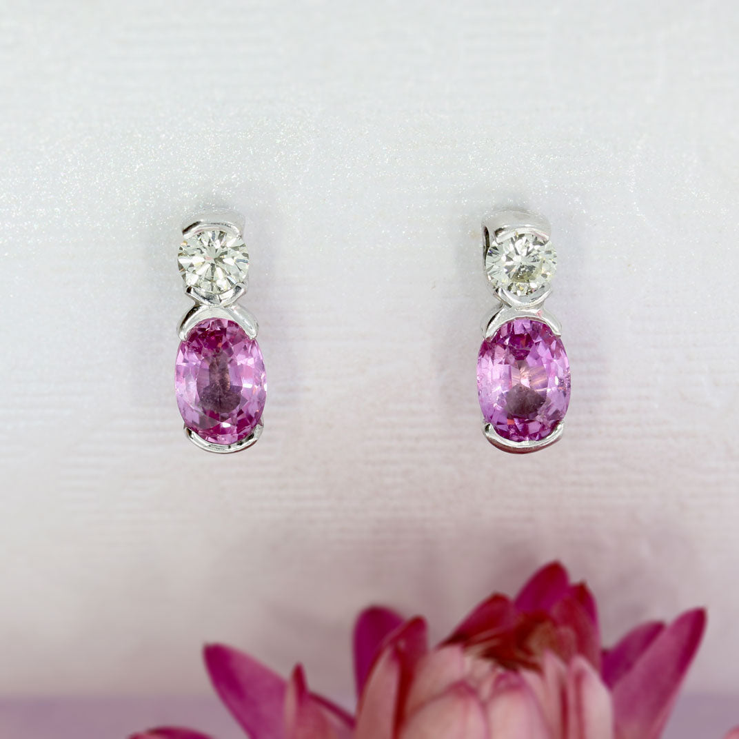 9ct White Gold Pink Sapphire & Diamond Stud Earrings