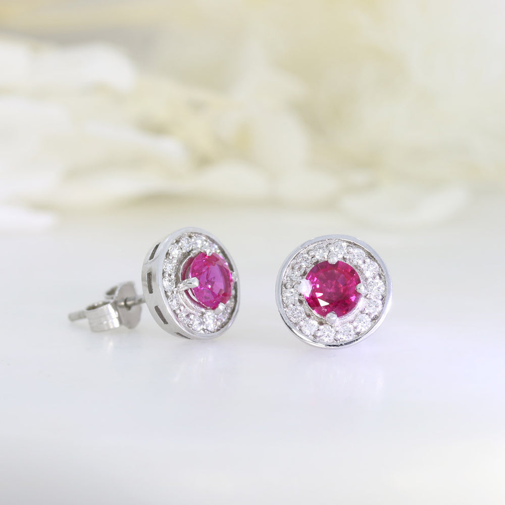 18ct White Gold Ruby & Diamond Halo Cluster Earrings.