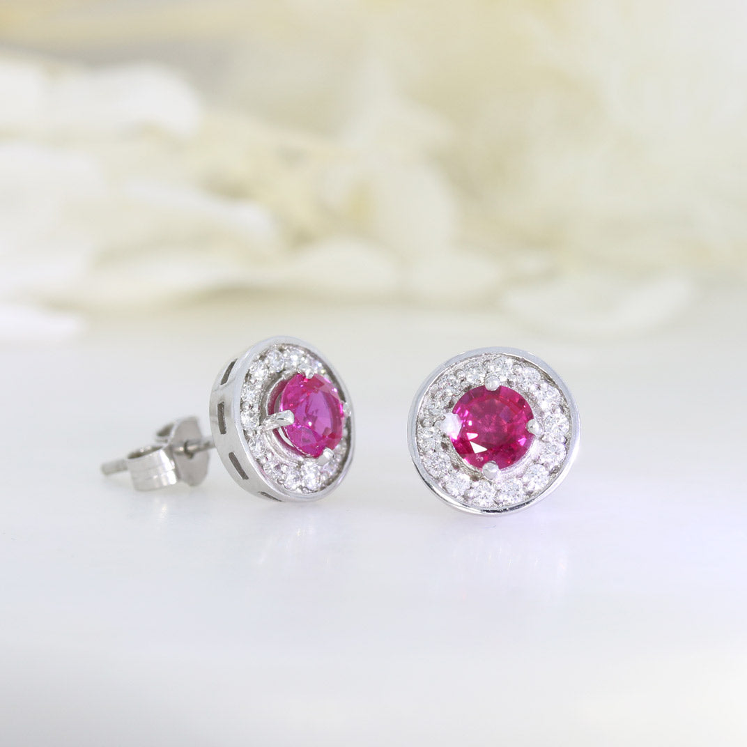 18ct White Gold Ruby & Diamond Halo Cluster Earrings.