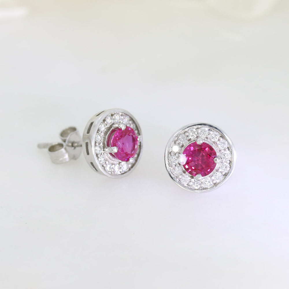 18ct White Gold Ruby & Diamond Halo Cluster Earrings.