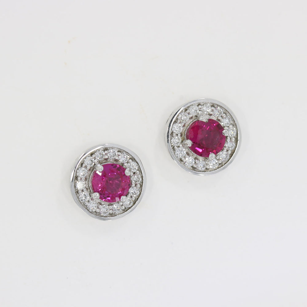 18ct White Gold Ruby & Diamond Halo Cluster Earrings.