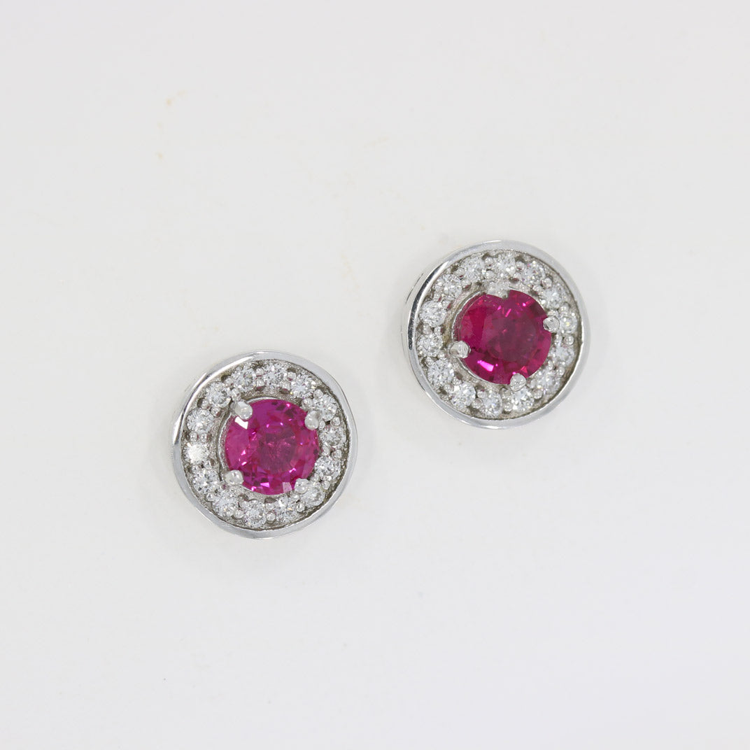18ct White Gold Ruby & Diamond Halo Cluster Earrings.