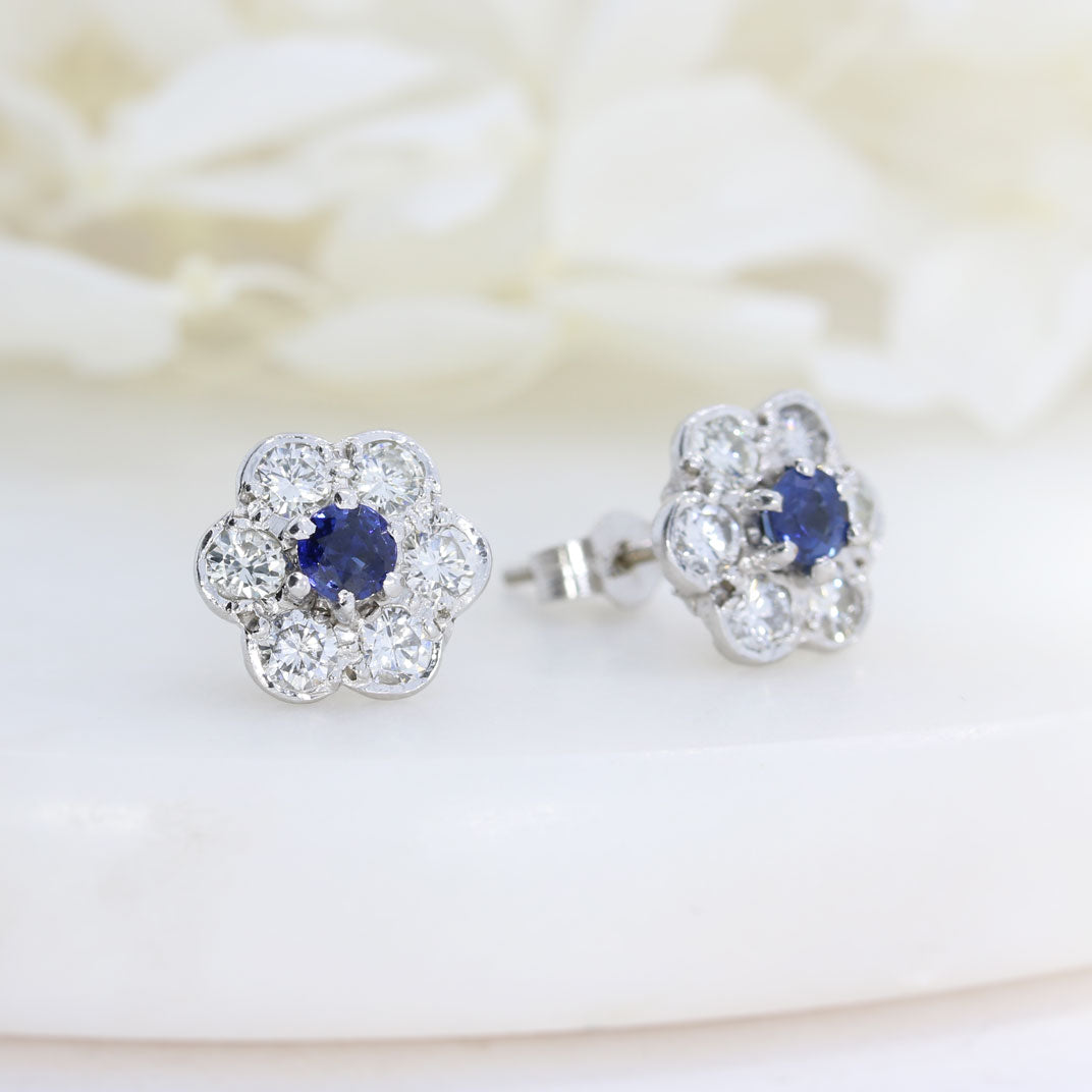 18ct White Gold Flower Cluster Sapphire and Diamond Earrings