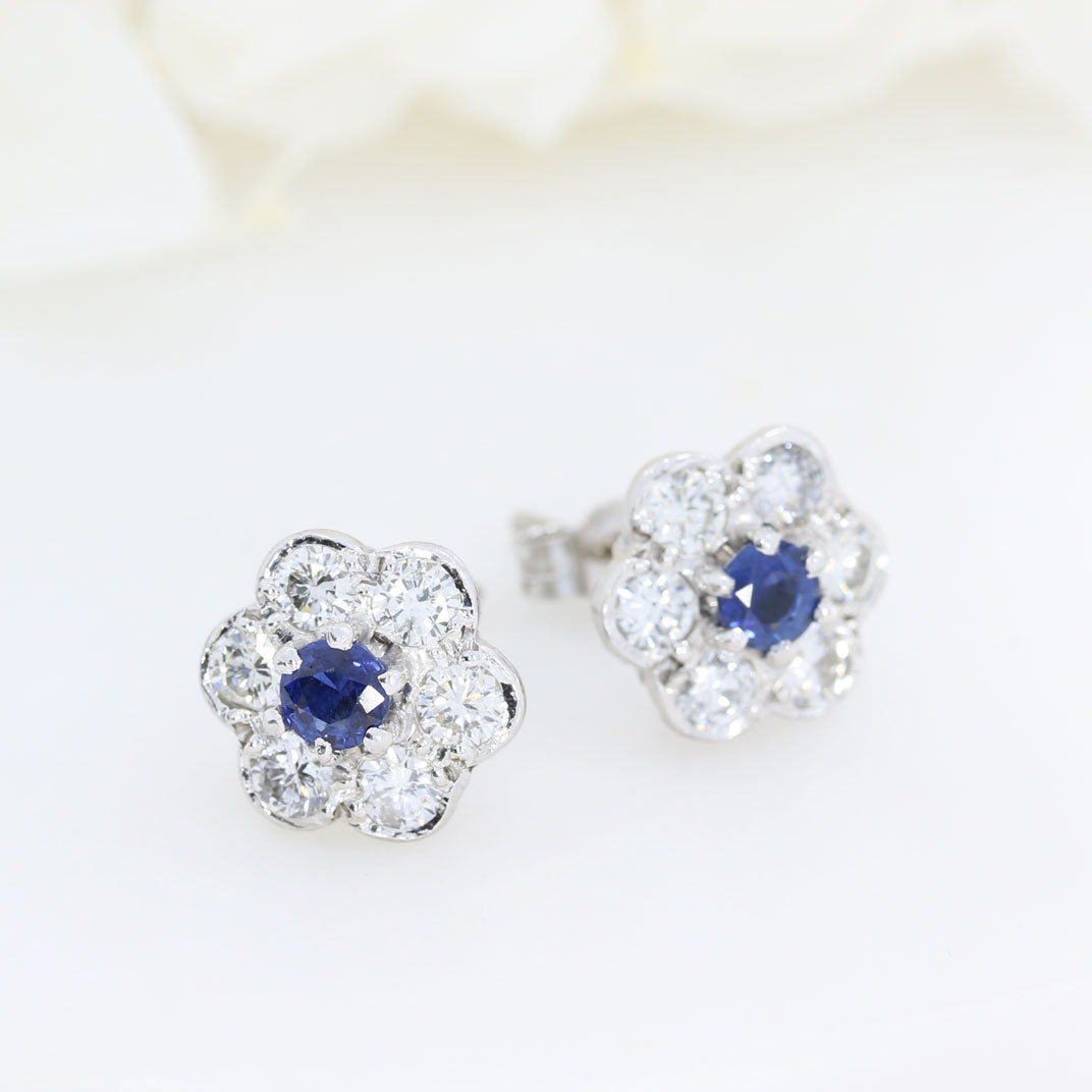 18ct White Gold Flower Cluster Sapphire and Diamond Earrings