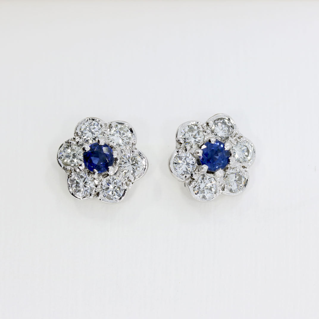 18ct White Gold Flower Cluster Sapphire and Diamond Earrings
