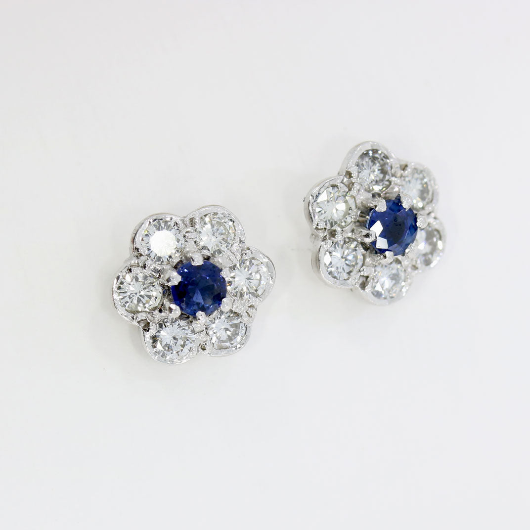 18ct White Gold Flower Cluster Sapphire and Diamond Earrings