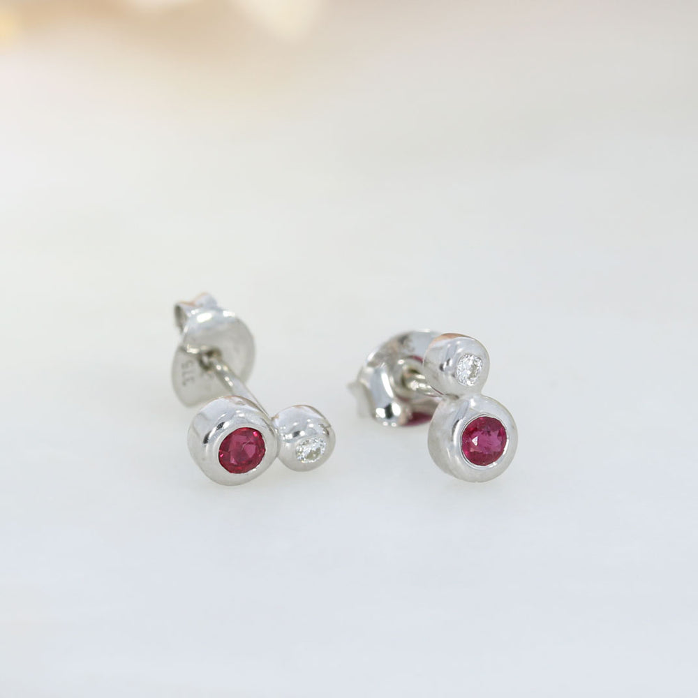9ct White Gold Rub over Set Ruby & Diamond Stud Earrings