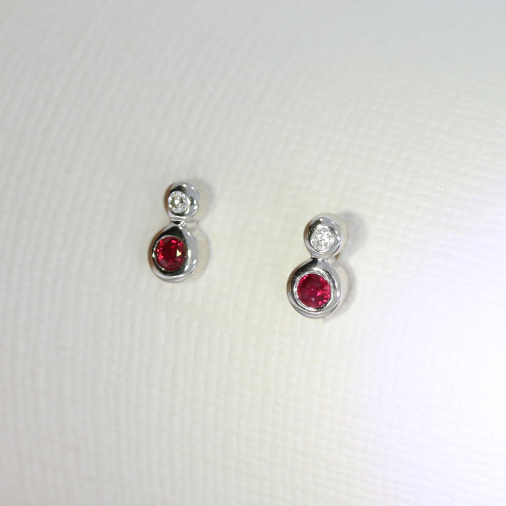9ct White Gold Rub over Set Ruby & Diamond Stud Earrings