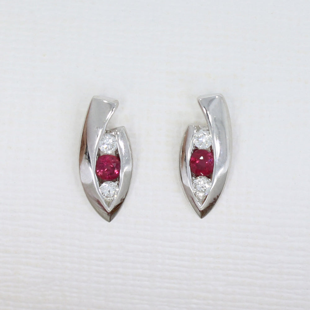 9ct White Gold Stud Earrings With Trap Set Ruby & Diamonds