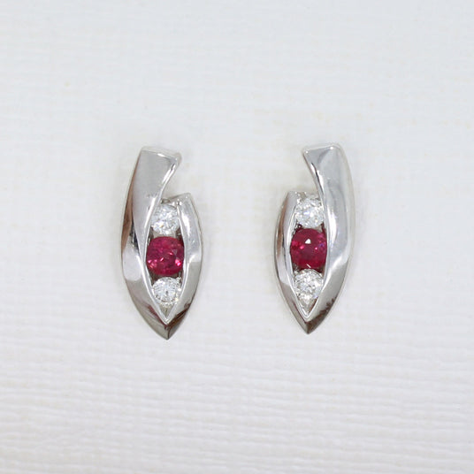 9ct White Gold Stud Earrings With Trap Set Ruby & Diamonds