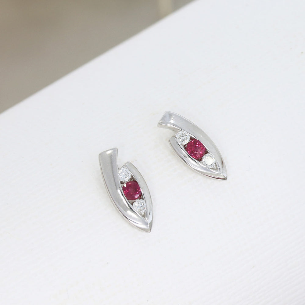 9ct White Gold Stud Earrings With Trap Set Ruby & Diamonds