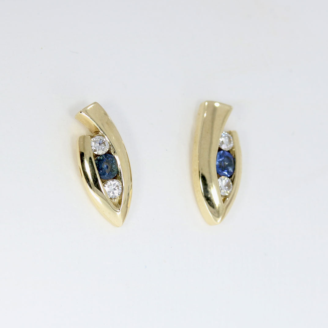 9ct Yellow Gold Sapphire & Diamond Marquise Shaped Earrings