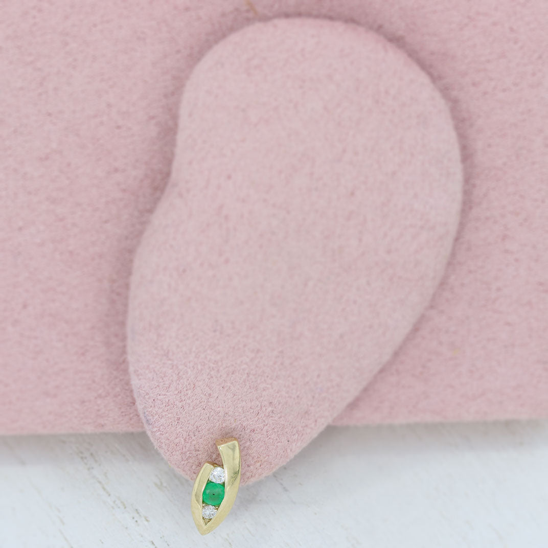 9ct Yellow Gold Marquise Shape Earrings With Trap Set Emerald & Diamonds