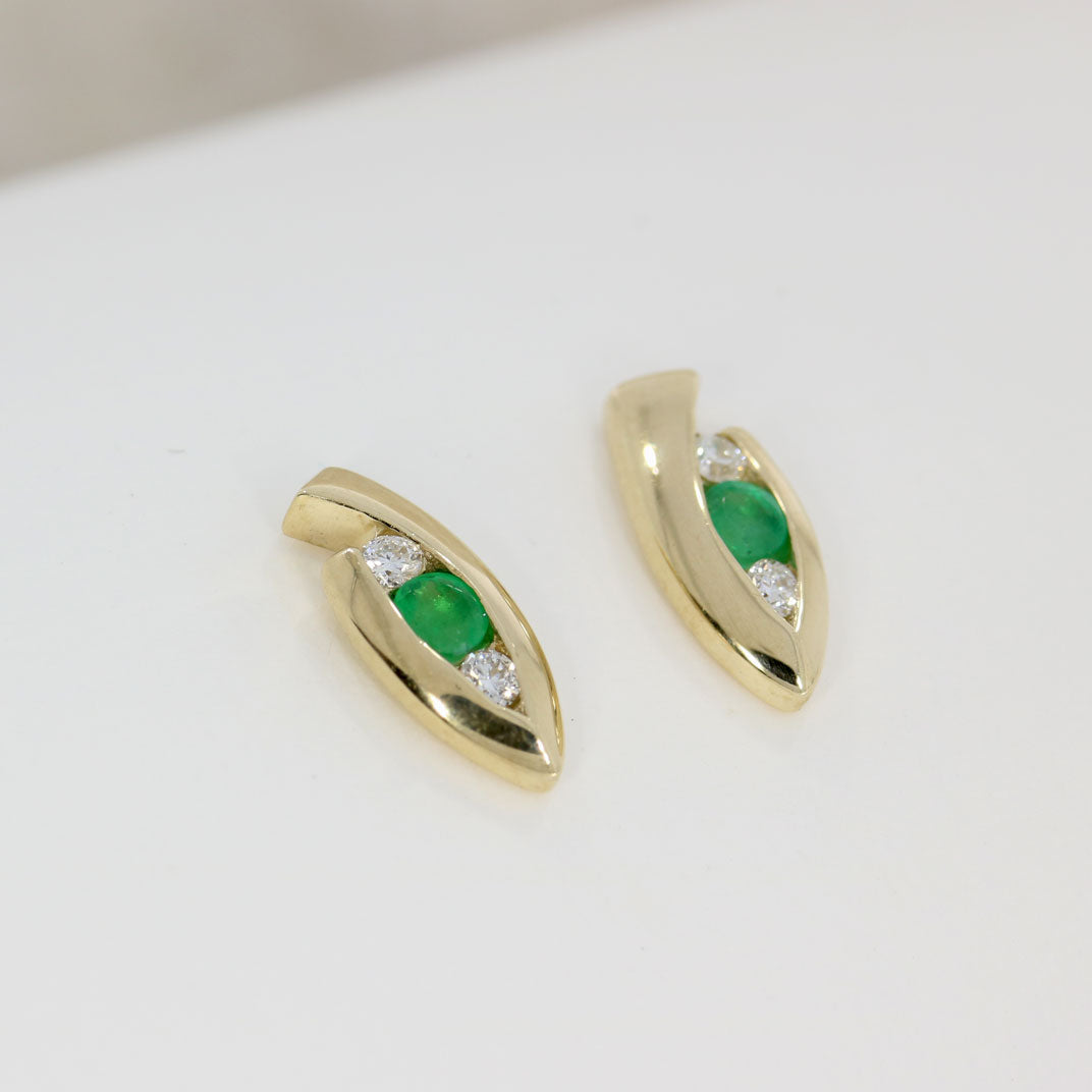 9ct Yellow Gold Marquise Shape Earrings With Trap Set Emerald & Diamonds
