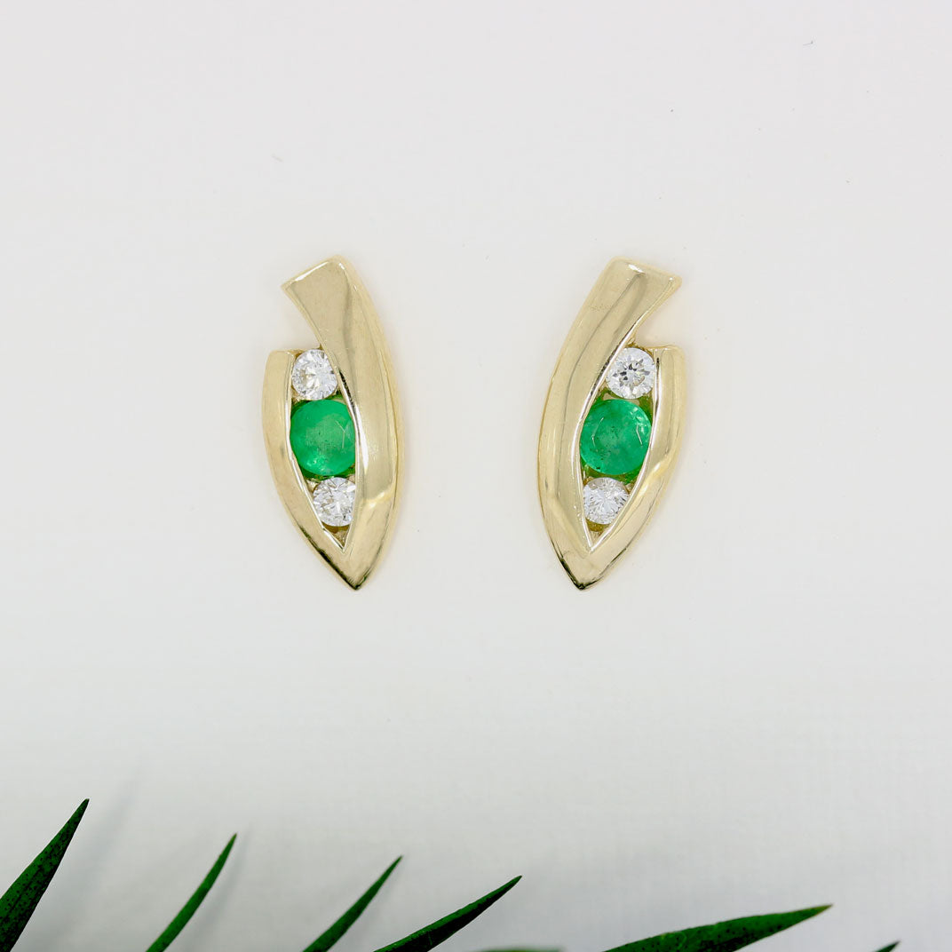 9ct Yellow Gold Marquise Shape Earrings With Trap Set Emerald & Diamonds