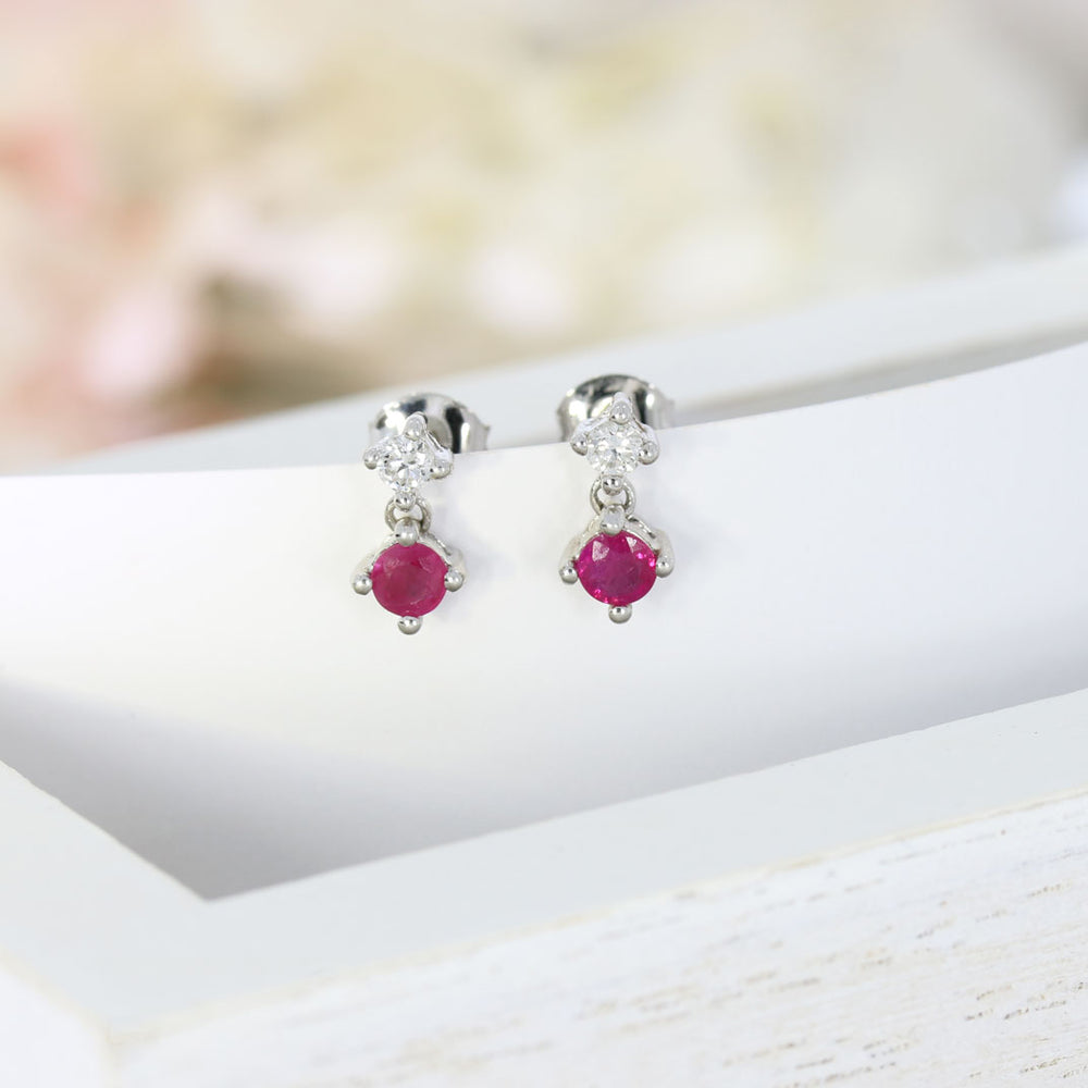 9ct White Gold Claw Set Ruby and Diamond Small Drop Earrings
