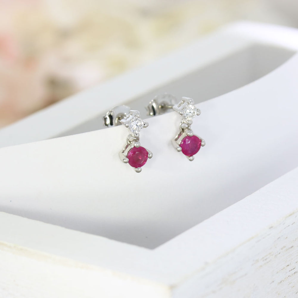 9ct White Gold Claw Set Ruby and Diamond Small Drop Earrings