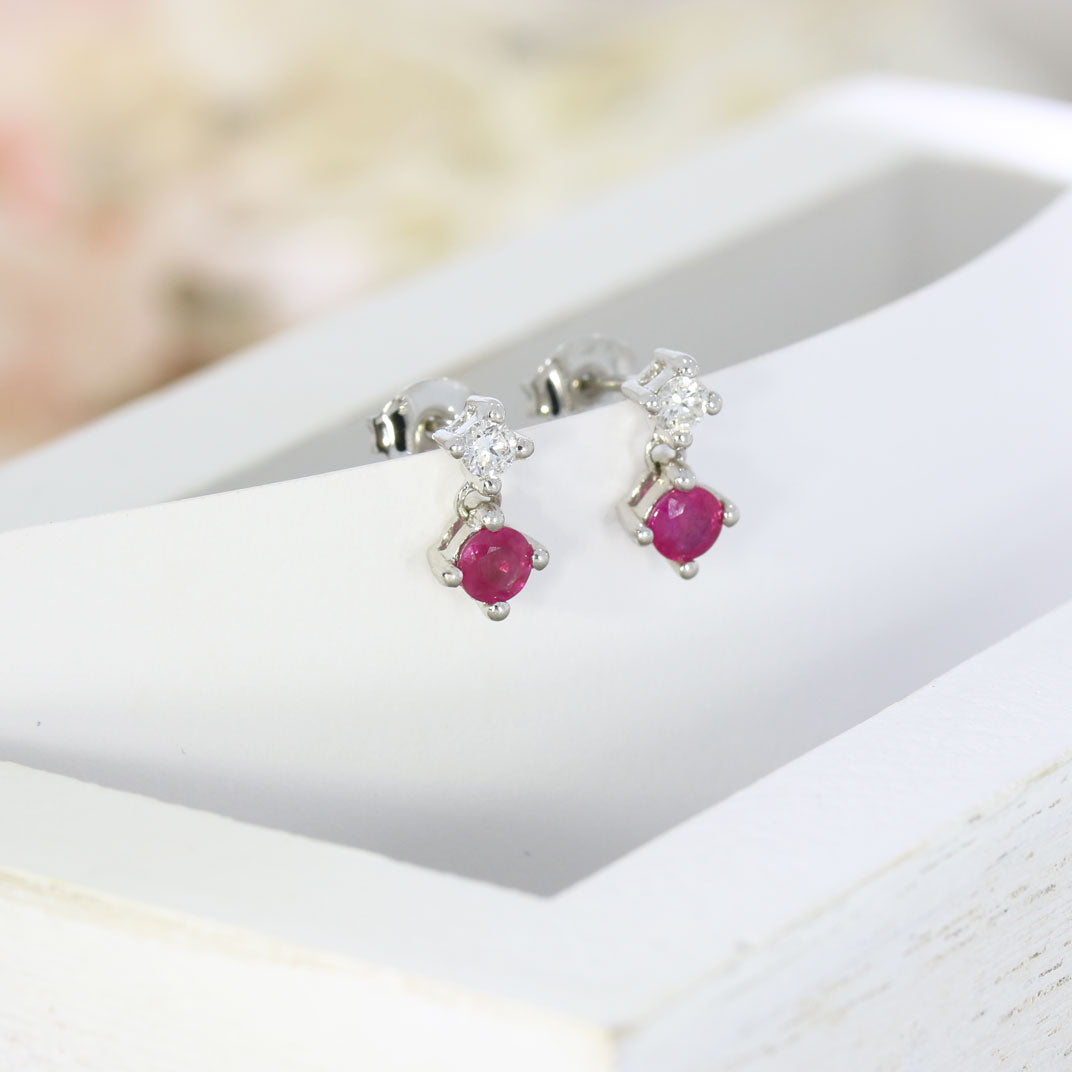 9ct White Gold Claw Set Ruby and Diamond Small Drop Earrings