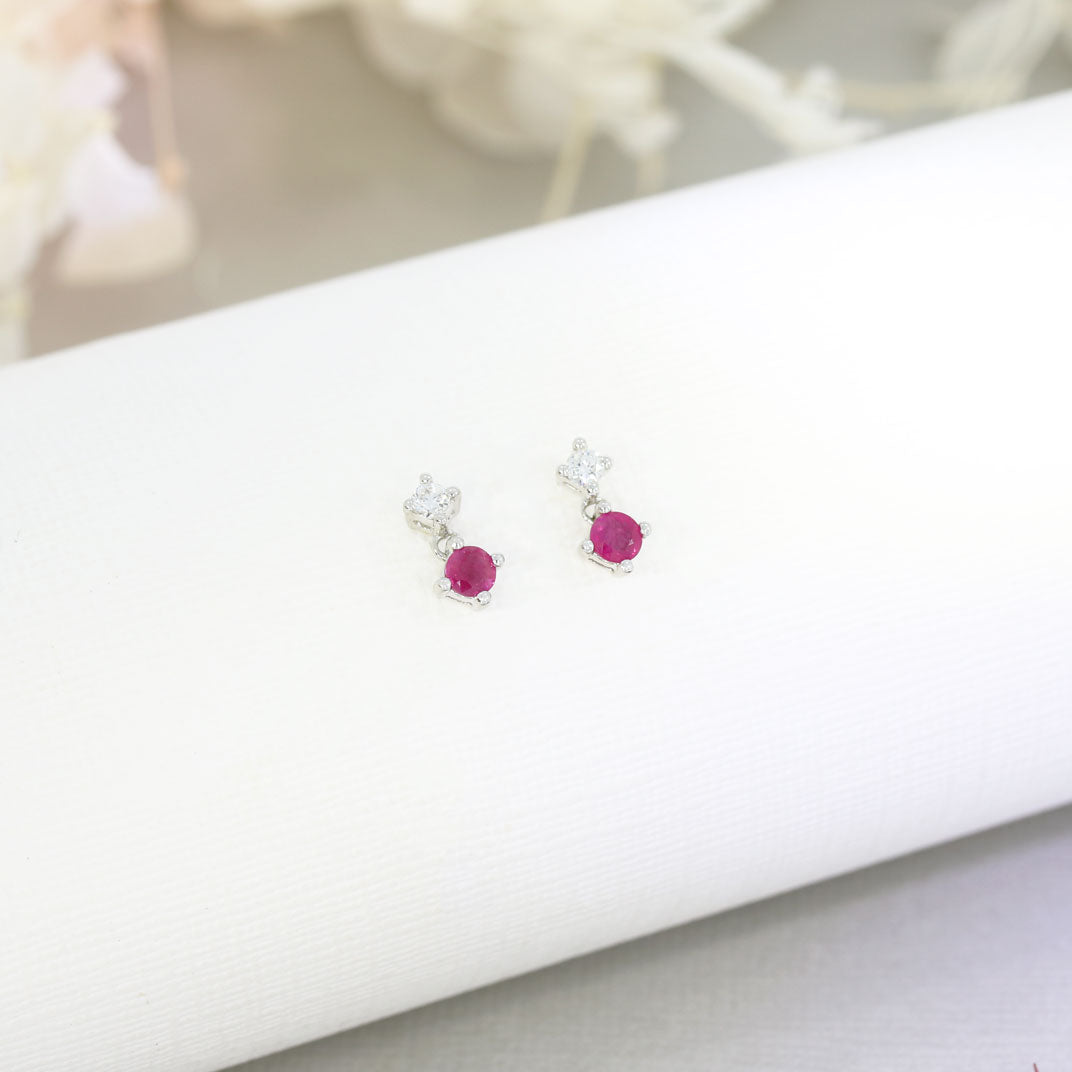 9ct White Gold Claw Set Ruby and Diamond Small Drop Earrings