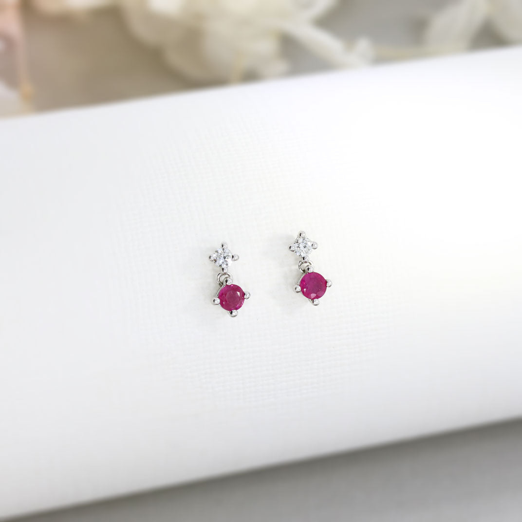 9ct White Gold Claw Set Ruby and Diamond Small Drop Earrings