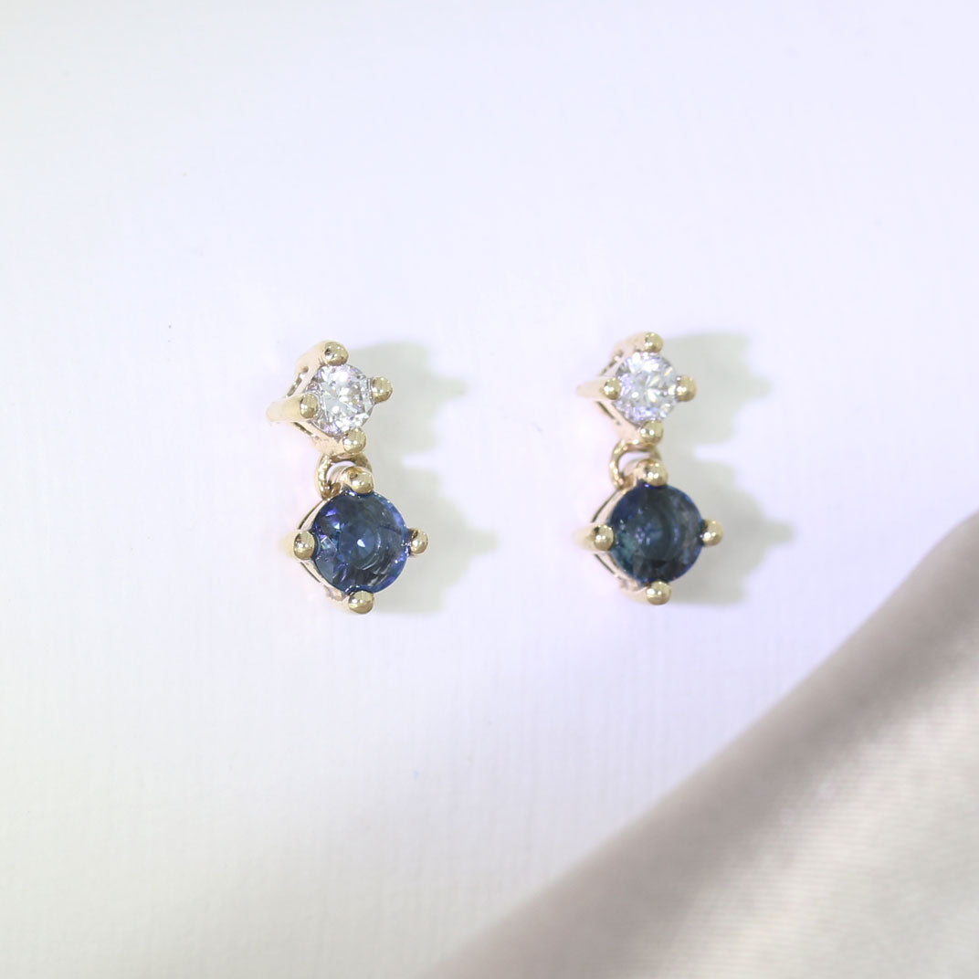 9ct Yellow Gold Claw Set Round Sapphire & Diamond Stud Earring