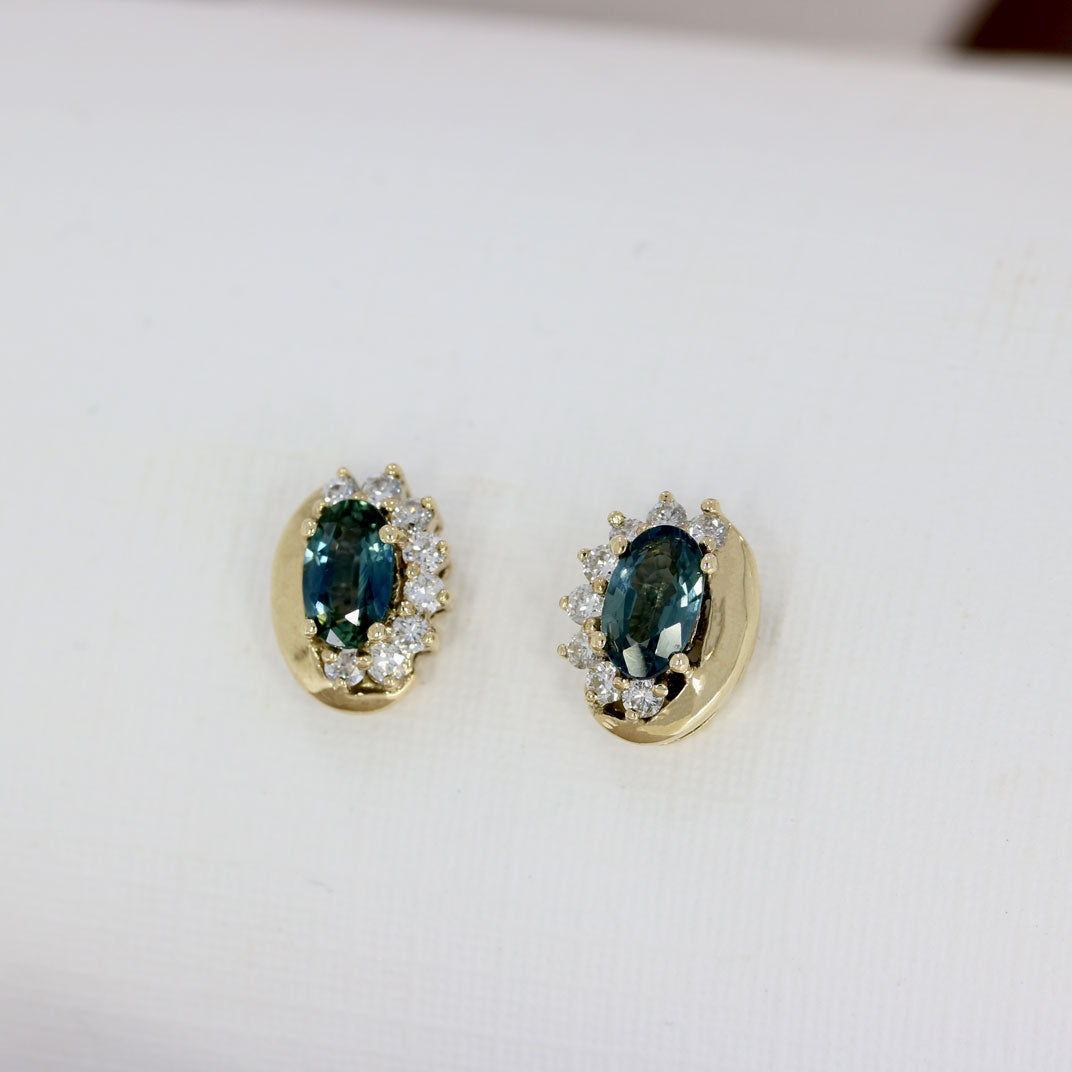 9ct Yellow Gold Oval Sapphire & Diamond Stud Earrings