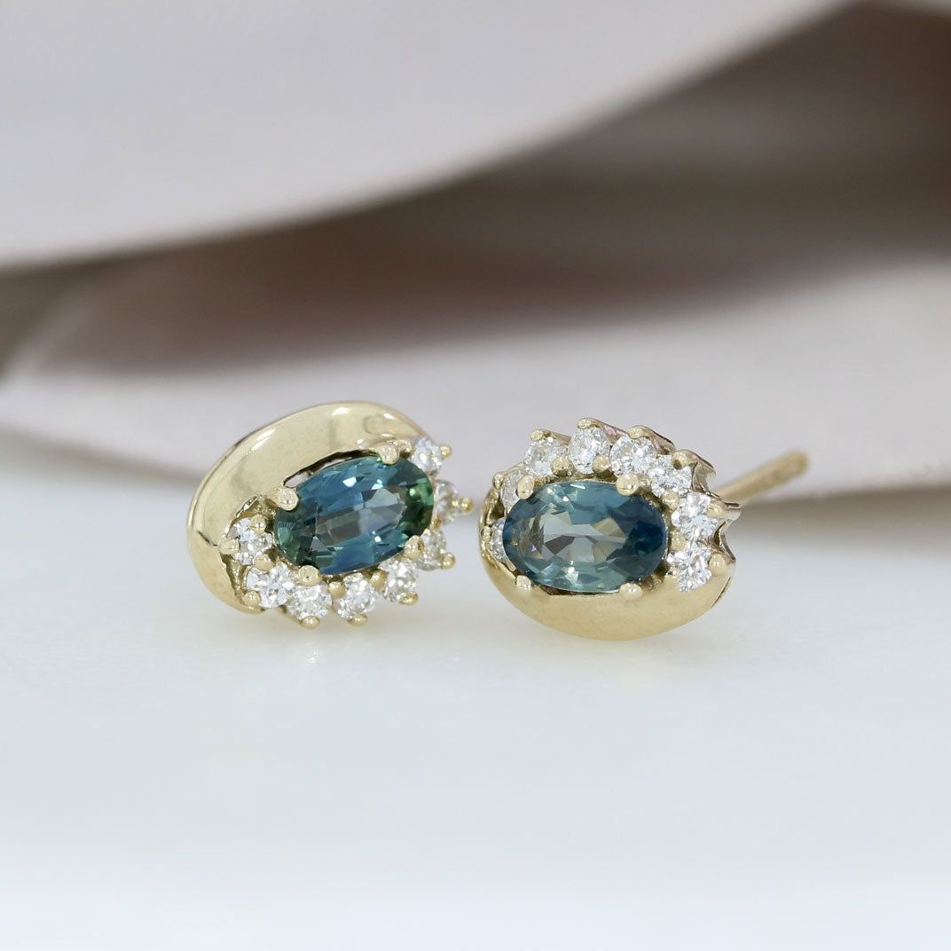 9ct Yellow Gold Oval Sapphire & Diamond Stud Earrings