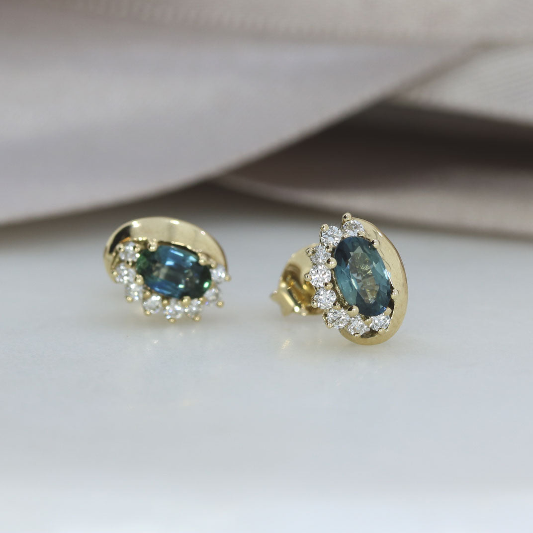 9ct Yellow Gold Oval Sapphire & Diamond Stud Earrings