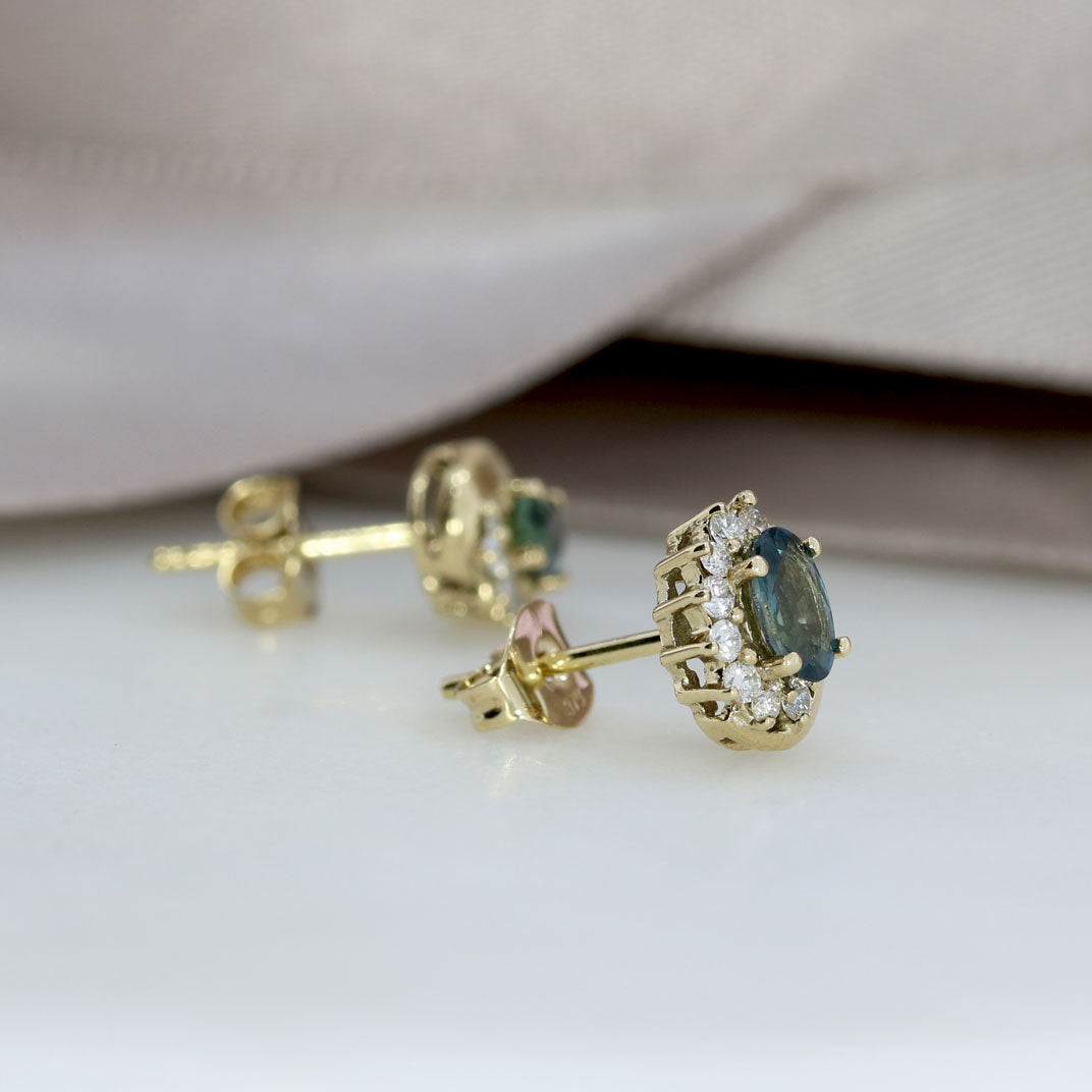 9ct Yellow Gold Oval Sapphire & Diamond Stud Earrings