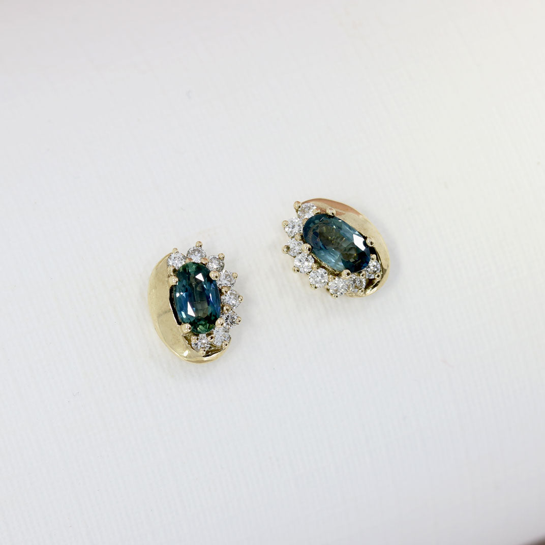 9ct Yellow Gold Oval Sapphire & Diamond Stud Earrings