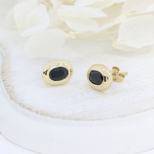 9ct Yellow Gold Rubover Set Oval Sapphire Stud Earrings