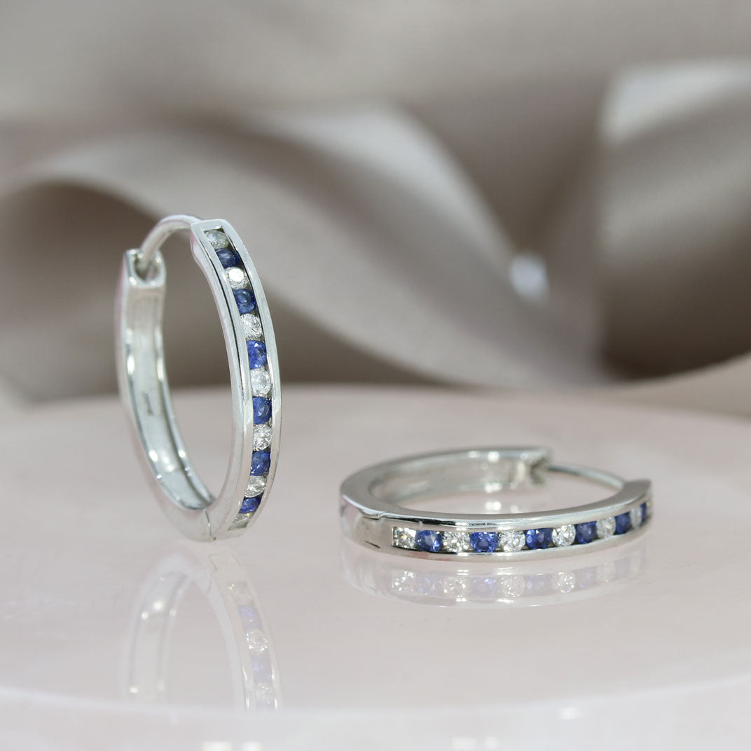 9ct White Gold Medium Hoop Sapphire & Diamond Hoop Earrings