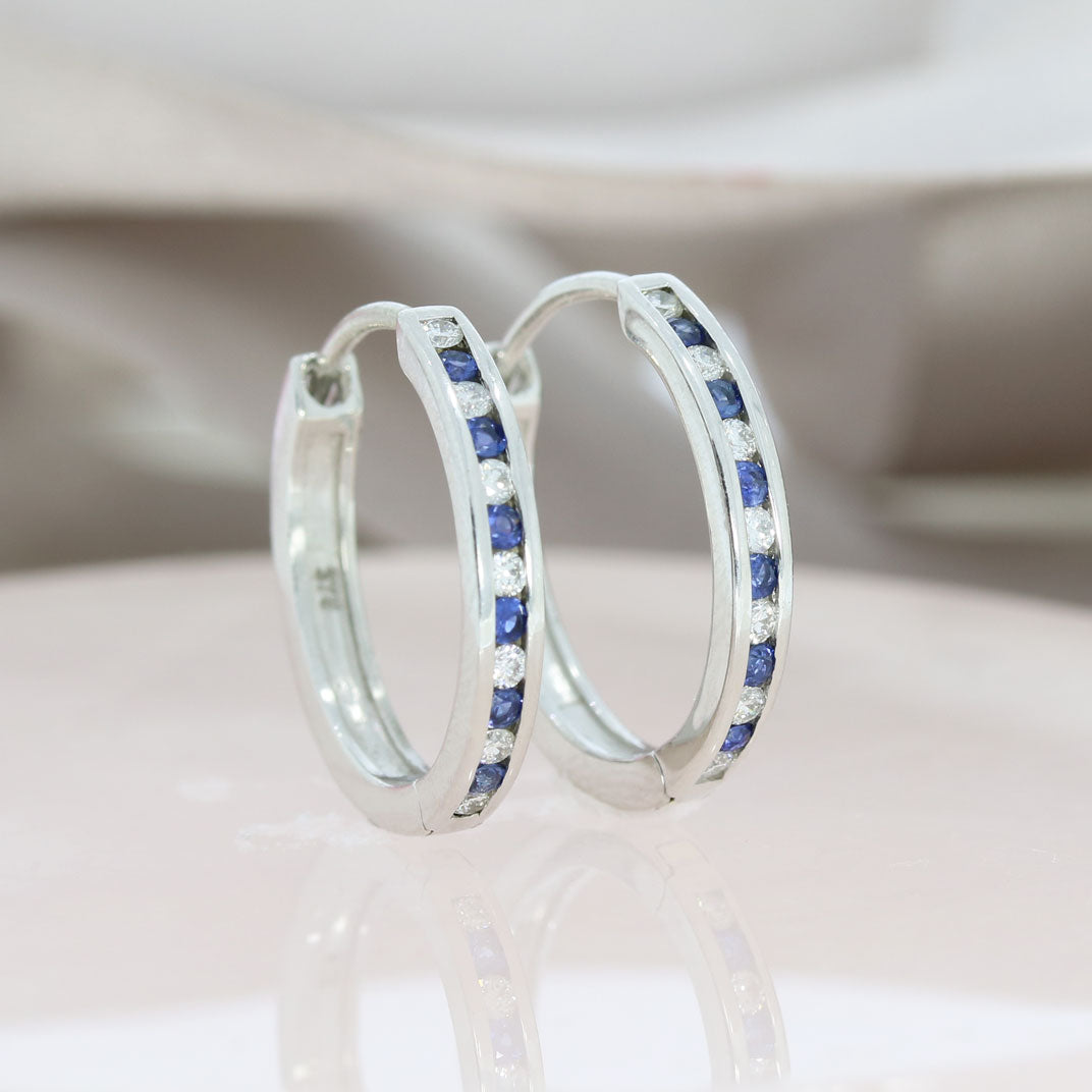 9ct White Gold Medium Hoop Sapphire & Diamond Hoop Earrings