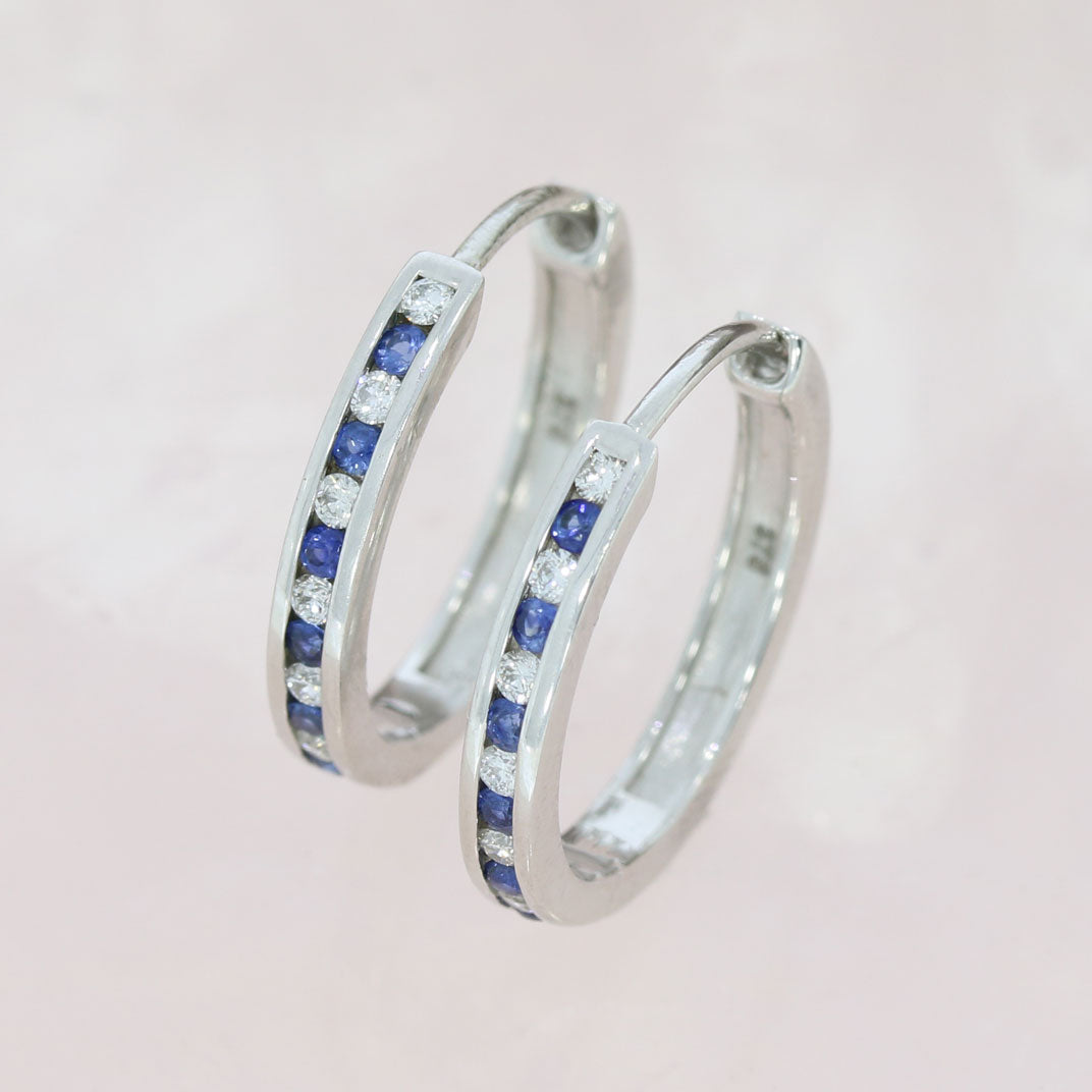 9ct White Gold Medium Hoop Sapphire & Diamond Hoop Earrings