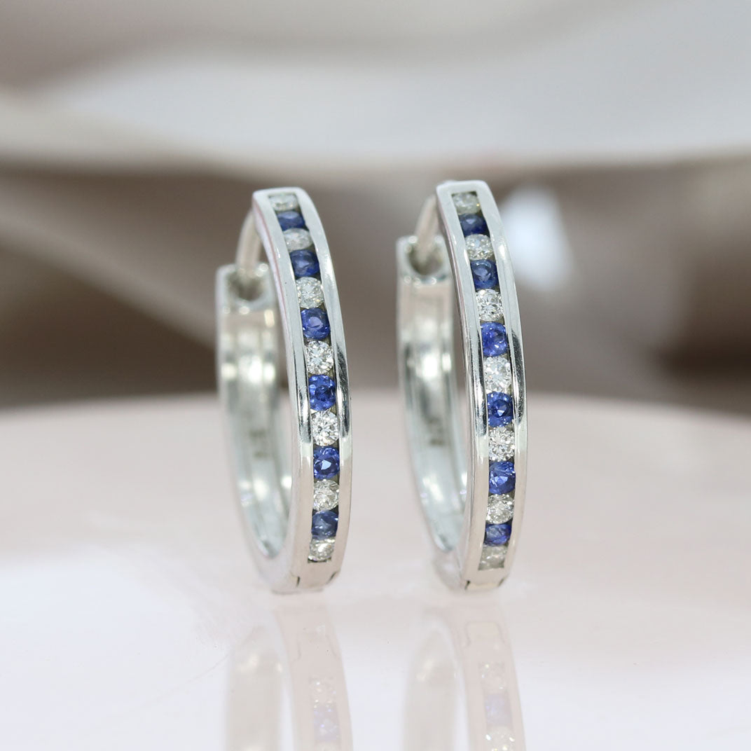 9ct White Gold Medium Hoop Sapphire & Diamond Hoop Earrings