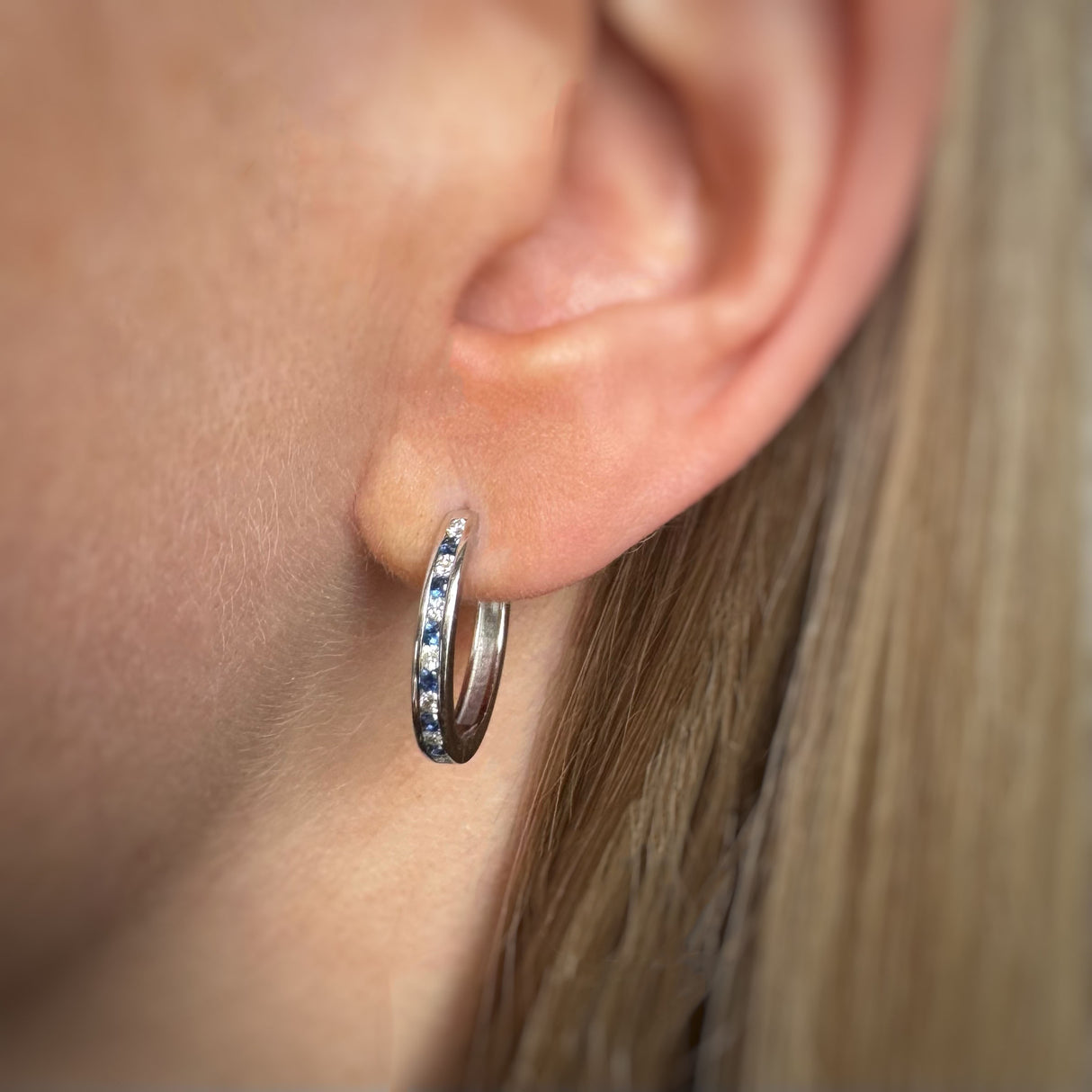 9ct White Gold Medium Hoop Sapphire & Diamond Hoop Earrings