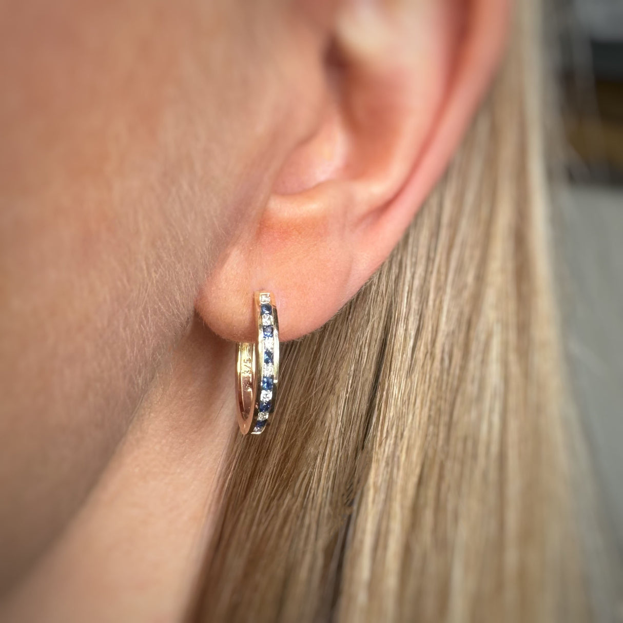 9ct Yellow Gold Sapphire & Diamond Medium Hoop Earrings