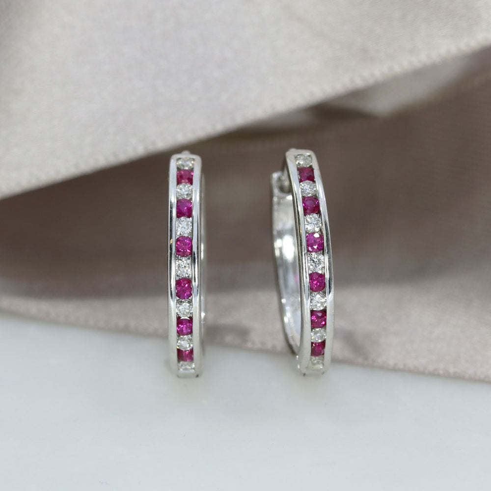 9ct White Gold Mid Size Hoop Earrings Set With Ruby & Diamond