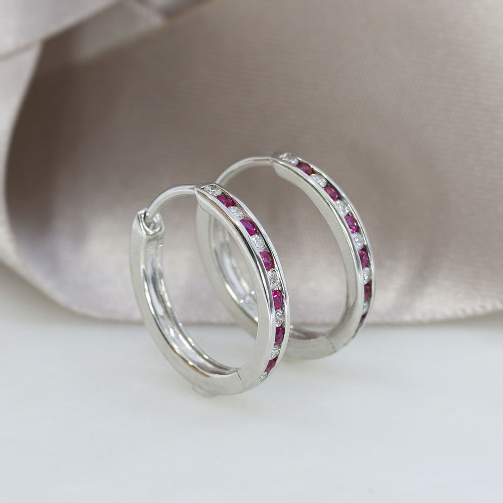 9ct White Gold Mid Size Hoop Earrings Set With Ruby & Diamond