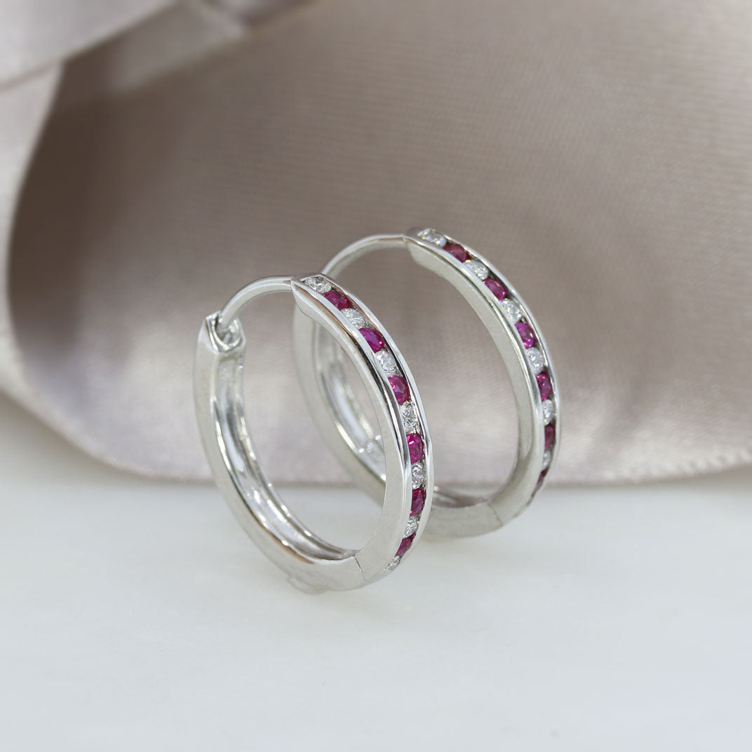 9ct White Gold Mid Size Hoop Earrings Set With Ruby & Diamond