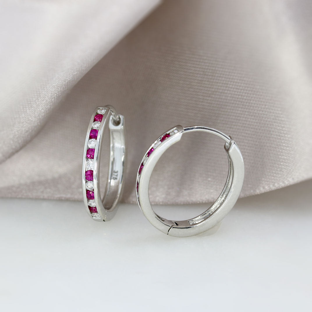 9ct White Gold Mid Size Hoop Earrings Set With Ruby & Diamond