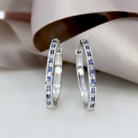 9ct White Gold Larger Size Sapphire & Diamond Hoops