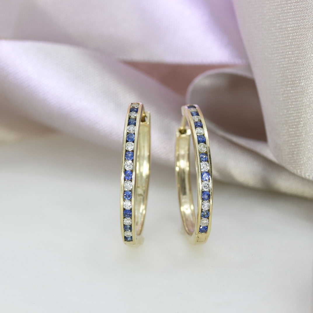 9ct Yellow Gold Larger Size Hoop Earrings with Channel Set Sapphire & Diamonds