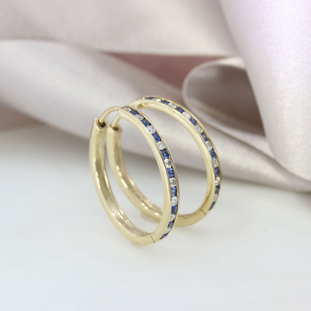 9ct Yellow Gold Larger Size Hoop Earrings with Channel Set Sapphire & Diamonds