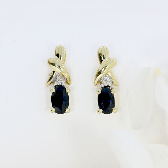 9ct Yellow Gold Oval Sapphire & Diamond Fancy Stud Earrings